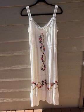 Nanette Lepore White Midi Dress with Pink & Green Floral Embroidery Size 10